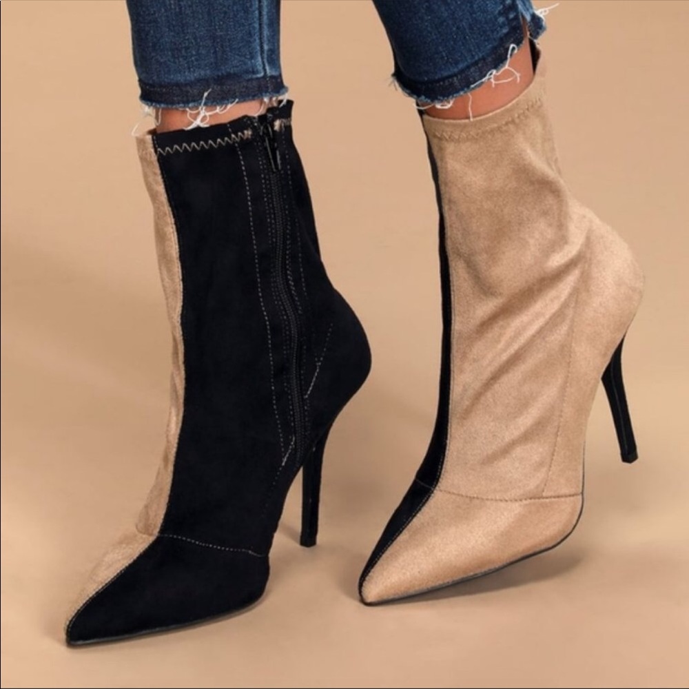 Lulu's Colorblock Tan Black Heeled Ankle Boots